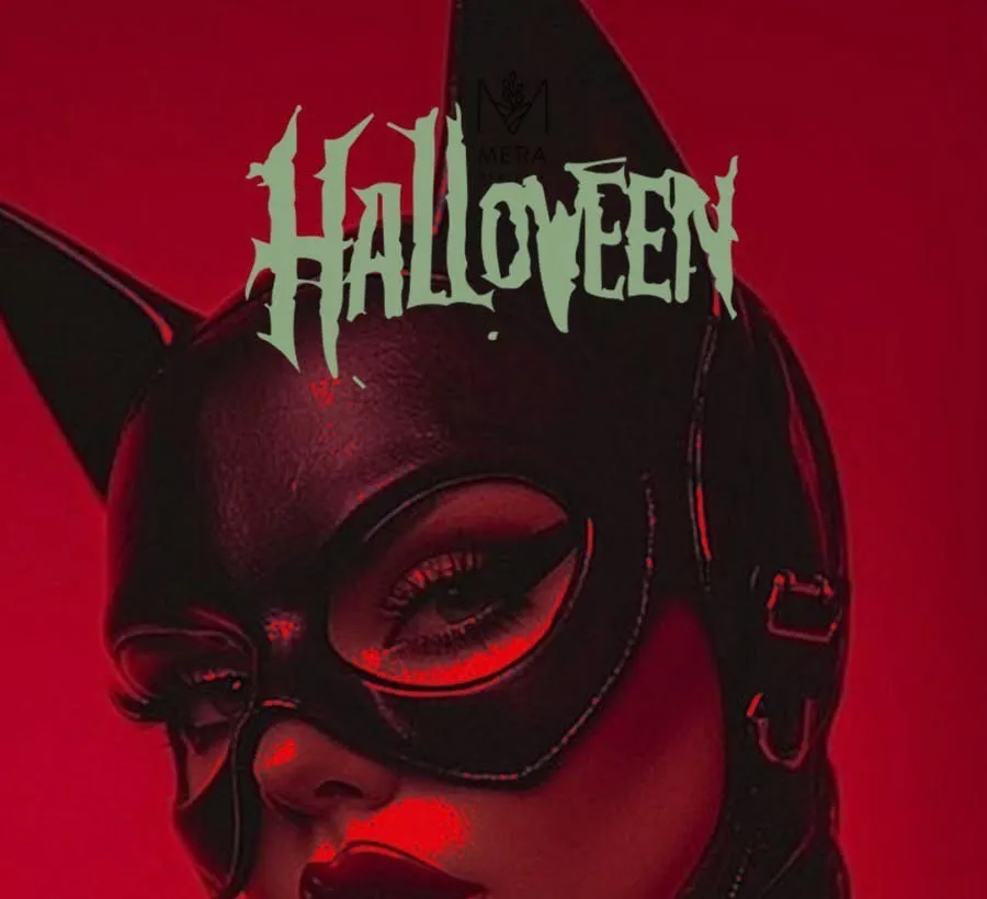 Halloween at Mera in Brooklyn: flyer art of a woman in a black cat mask, lit in red.
